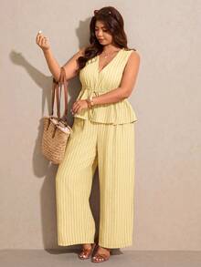 Elaquor Plus Size Casual Vacation Striped Sleeveless A-Line Shirt And Straight Leg Casual Pants 2 Pieces Set - Yellow - View 3