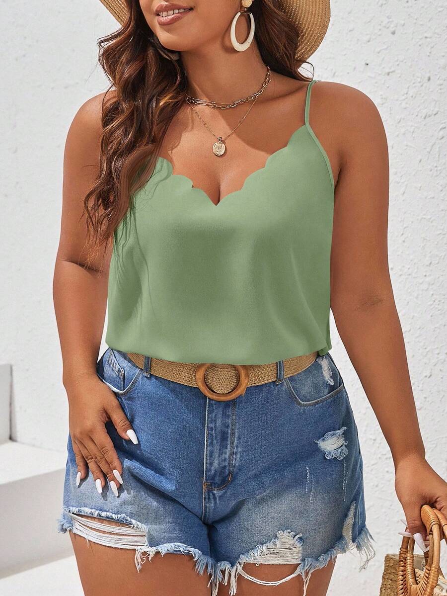 SHEIN Frenchy Áo camisole nữ cỡ lớn màu trơn kiểu dáng thường ngày - màu xanh lá - Xem 1