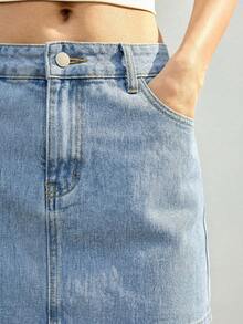 Maija Women's Solid Color Pocket Slit Denim Skirt With Belt Loop, Summer - Light Wash - View 4