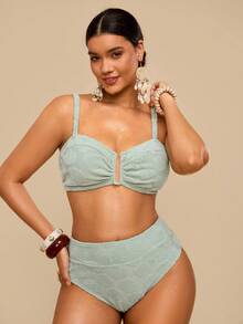 Travachic Plus Size Women Summer Beach Solid Color Casual Bikini And Triangle Panty Swimsuit Set Plus Size Bathing Suits Women - Mint Green - View 8