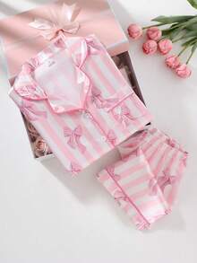 女童蝴蝶结经典条纹仿丝开衫和条纹撞色滚边短裤套装，家居服 - 彩色 - 查看 4