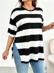 Shapeblank 加大码条纹印花圆领短袖T恤，侧开衩，女士条纹T恤，女士宽松T恤，女士宽松上衣，女士休闲上衣，女士短袖上衣，宽松上衣，女士宽松T恤，女士夏季上衣，女士上衣，衬衫，T恤，女士宽松上衣，女士宽松T恤，女士精品上衣，女士宽松上衣，女士最新款上衣，新品上市 - 彩色 - 查看 1