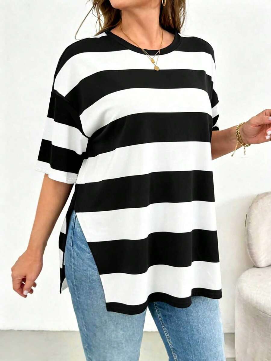 Shapeblank 加大码条纹印花圆领短袖T恤，侧开衩，女士条纹T恤，女士宽松T恤，女士宽松上衣，女士休闲上衣，女士短袖上衣，宽松上衣，女士宽松T恤，女士夏季上衣，女士上衣，衬衫，T恤，女士宽松上衣，女士宽松T恤，女士精品上衣，女士宽松上衣，女士最新款上衣，新品上市 - 彩色 - 查看 1