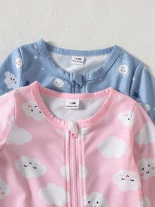 2pcs Newborn Soft Comfortable Casual Homewear Set, Cute Cloud, Star, Sun, Tree Cartoon All-Over Print, Zipper, Suitable For Spring/Summer - Multicolor - View 5