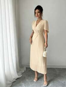 Rafferiza Gaun Lipit Elegan Bahan Chiffon Warna Polos dengan Pinggang yang Diikat - Aprikot - View 4