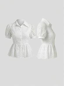 2026 Blusa elegante de verano para mujer con mangas de pétalos huecos y volantes en el bajo - Blanco - Ver 9