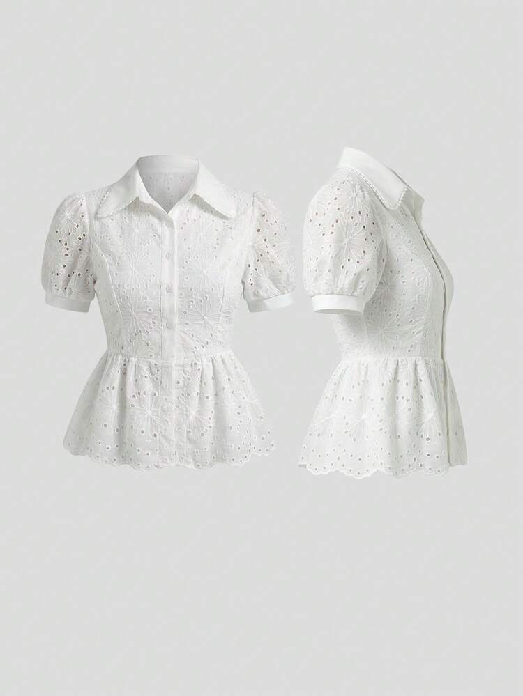 2026 Blusa elegante de verano para mujer con mangas de pétalos huecos y volantes en el bajo - Blanco 5 - Añade 9