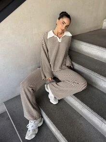 Marta Soriano Conjunto de 2 piezas para mujer con camiseta de manga larga de hombros caídos de cuello en V a rayas y pantalones a rayas de cintura elástica, traje de suéter de invierno, otoño/invierno - Marrón - Ver 1