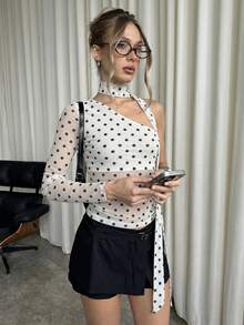 SHEIN BAE 波点印花不对称领口透视性感长袖上衣 - 白色 - 查看 6