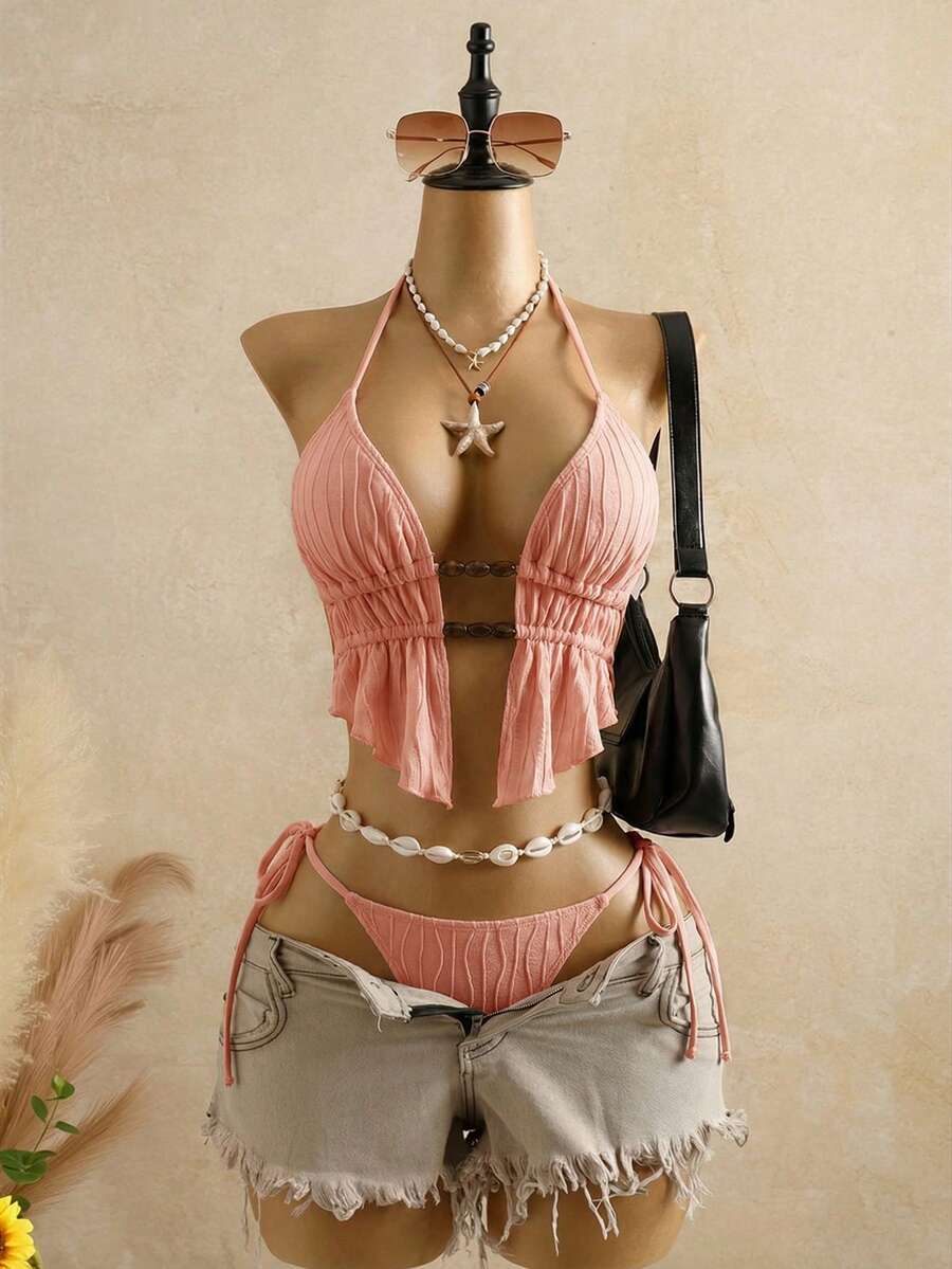 Bellisia 棕色纹理针织串珠石女士吊带比基尼上衣 - 淺粉色 - 查看 1