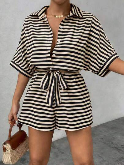 Chiquease Striped Batwing Sleeve Women's Front Button Casual Jumpsuit For Summer