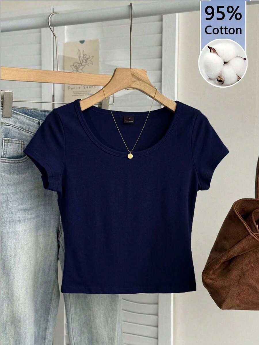 Tseoso 95%棉 藏蓝色休闲简约图案圆领修身女式T恤 - 藍色 - 查看 1