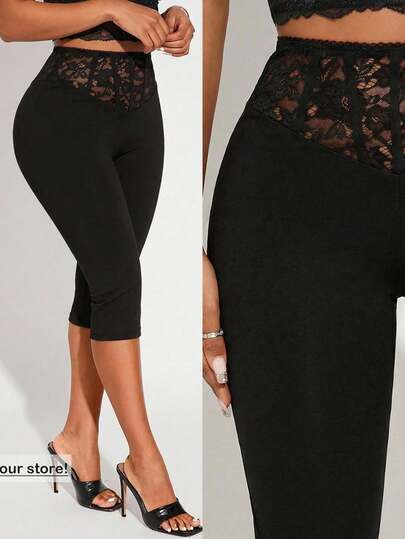 Radiana Sexy Elegant Unique Black Lace Fishbone Waist Cincher High Waist Skinny Leggings, Lace Waist Splice High Elastic Knit Capri Pants, Casual Capri Pants, Capri Leggings, Suitable For Daily Outing, Shopping, Urban, Dating, Party, Cocktail, Nightclub, Celebration, Festival Knee Length Pants For Women Club Outfits For Women Capri Lace Capris Capris For Women Free Shipping Jackpot