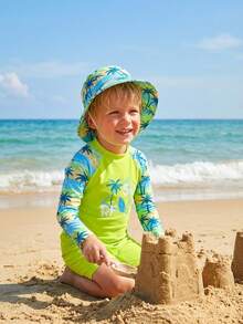 SHEIN Young Boy Palm Tree Letter Print Raglan Sleeve Swimsuit Set,Kids - Multicolor - View 2