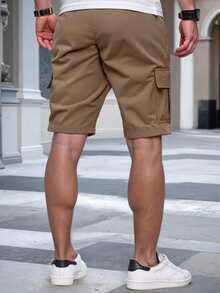 Manfinity Homme 男士纯色弹力腰带抽绳口袋工装短裤 - 棕色 - 查看 2