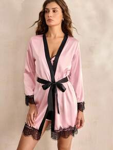 Charlaine 3 cái Ren Panel Bow Front Tương phản Trim Belted PJ Set / Pajama Set - Nhiều màu - Xem 5