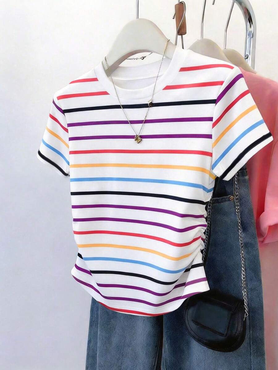Resyla Áo thun nữ thể thao ngoài trời phong cách thường ngày, họa tiết hoa sọc nhiều màu sắc, trang phục ngọt ngào cho buổi hẹn hò, đi học, ngày Nhà giáo. - Nhiều màu - Xem 1