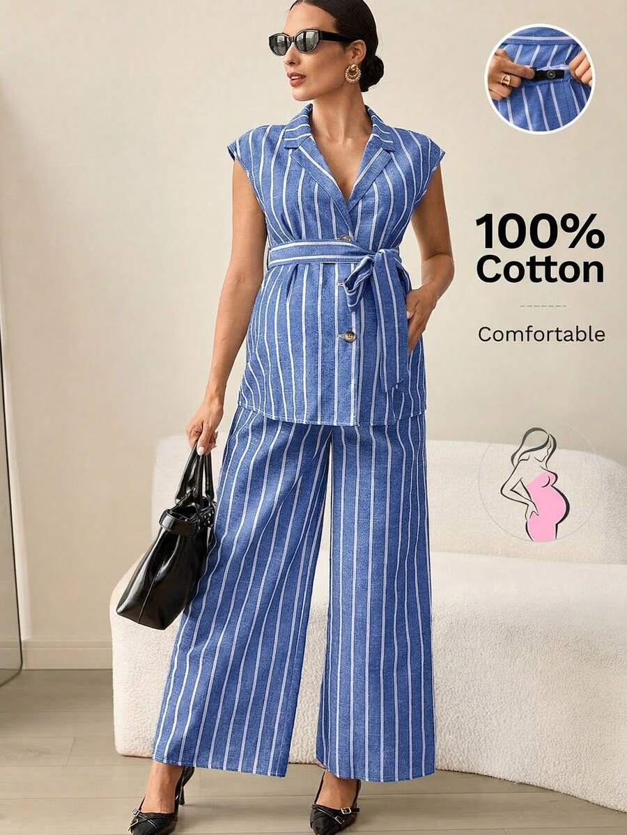 MaterniWear 孕妇休闲通勤条纹衬衫和裤子两件套,夏季 - 藍色 - 查看 1