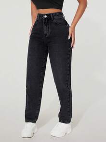 EURMUSE High Waist Mom Fit Jeans - Black - View 4