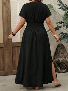 SHEIN CURVE+ Curve 尺码 US22 音乐节、海滨度假、波西米亚风女士深V纯色黑色侧开衩长裙、度假裙、长裙 - 黑色 - 查看 5