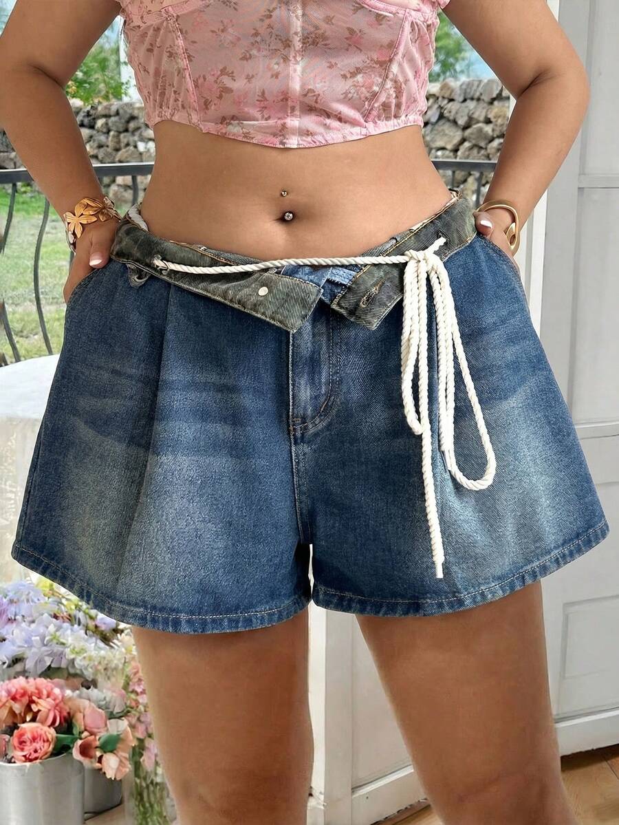 Sunnyshic Plus Size Women High Waist Loose Drawstring Denim Shorts - Blue - View 1