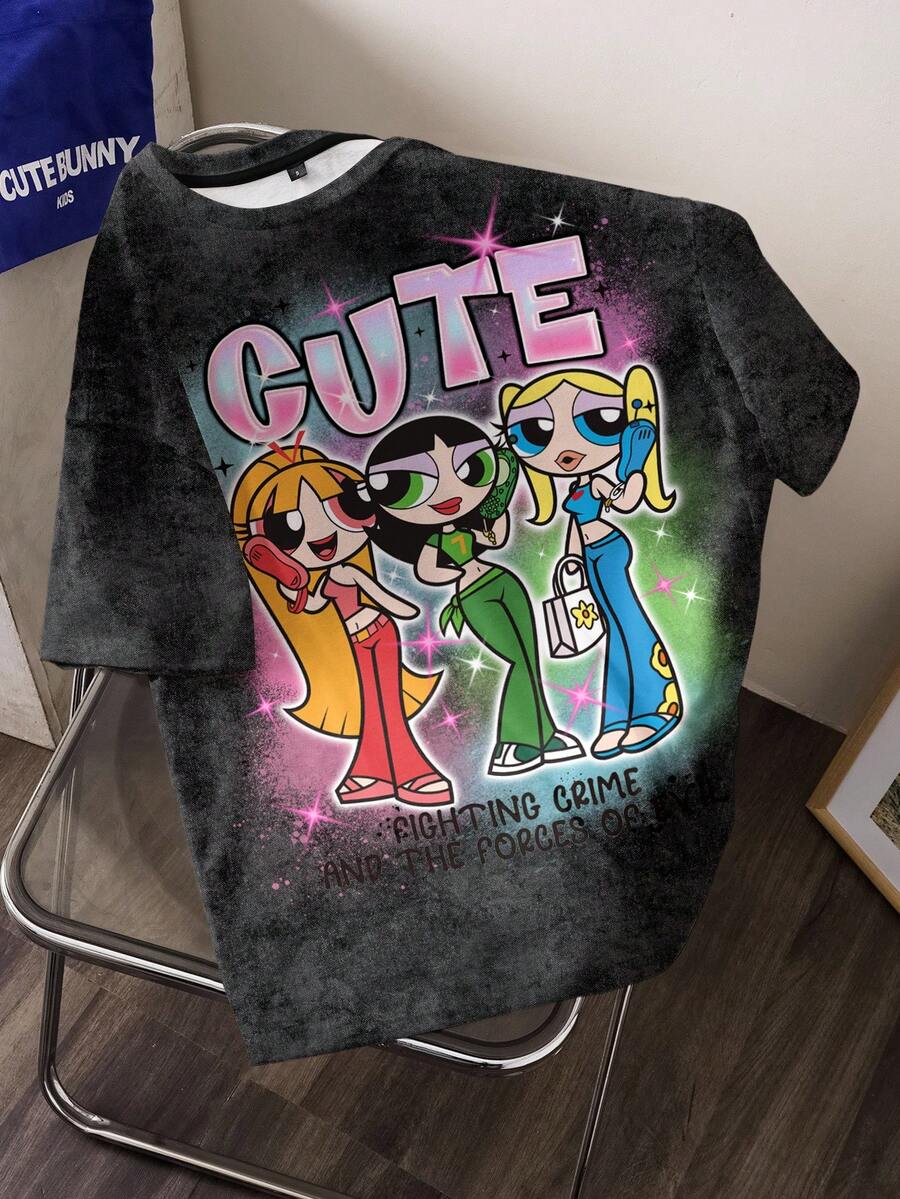THE POWERPUFF GIRLS X SHEIN 女士休闲字母卡通印花短袖T恤，日常百搭 - 白色 - 查看 1