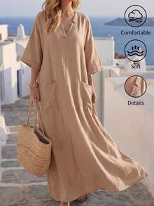 Breezaya 女士V领镂空宽松休闲度假连衣裙，夏季 - 杏色 - 查看 2