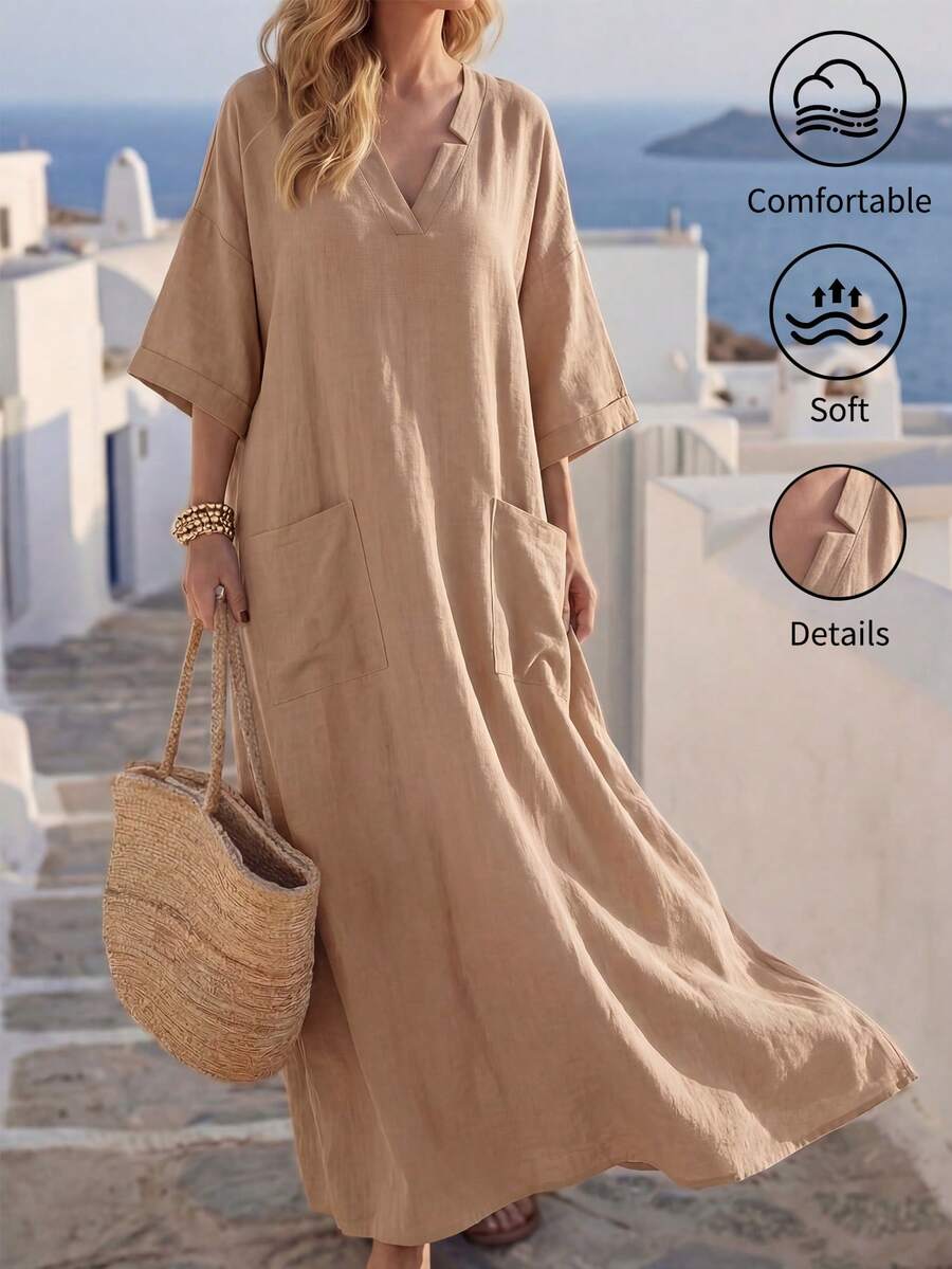 Breezaya 女士V领镂空宽松休闲度假连衣裙，夏季