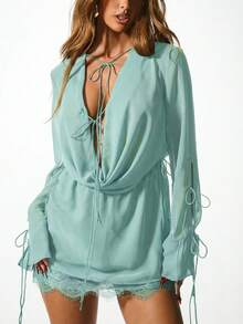 KIZN Gaun Mini Chiffon Hijau Sage dengan Kerah Cowl, Detail Renda di Bagian Bawah dan Tali Pengikat, Lengan Panjang, Gaun Musim Panas yang Mengalir untuk Festival Gaya Boho - Biru - View 7