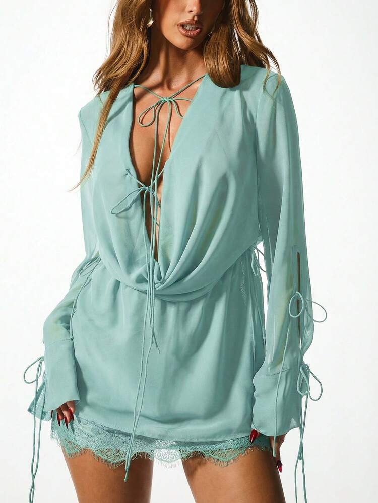 KIZN Sage Chiffon Cowl Neck Mini Dress With Lace