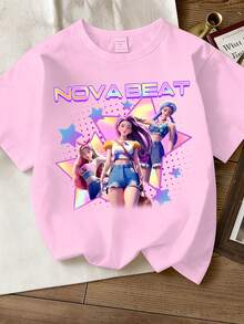 3件装女童卡通K-POP女孩图案T恤，女团风格印花紫色、黑色、粉色T恤，适合夏季穿着 - 粉色 - 查看 6