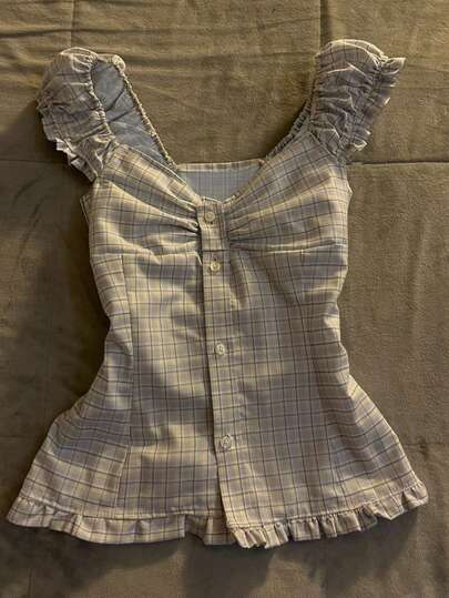 Glimmora Women's Plaid Button Design Frill Trim Casual Shirt