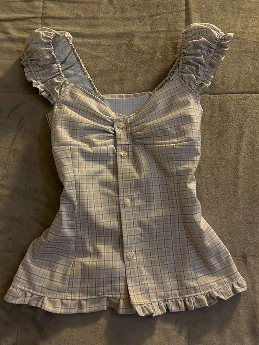 Glimmora Women's Plaid Button Design Frill Trim Casual Shirt - Multicolor - View 1