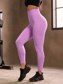 Powerista Seamless High Elasticity Solid Color Sports Leggings - Pink - View 5
