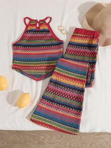 Tween Girls Vacation Beach Colorful Striped Jacquard Contrast Color Halter Neck Tank Top + Flare Pants Set - Multicolor - View 5