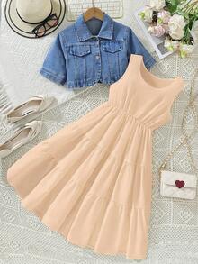 SHEIN Summer  2pcs/Set Casual Denim Jacket And White Dress - Apricot - View 6