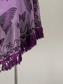 Sunspun Áo choàng Poncho kiểu dáng Boho thanh lịch mới, chất liệu chiffon nhăn, in họa tiết phối hợp, viền tua rua, thích hợp cho kỳ nghỉ Xuân/Hè/Thu. - Màu tím - Xem 4
