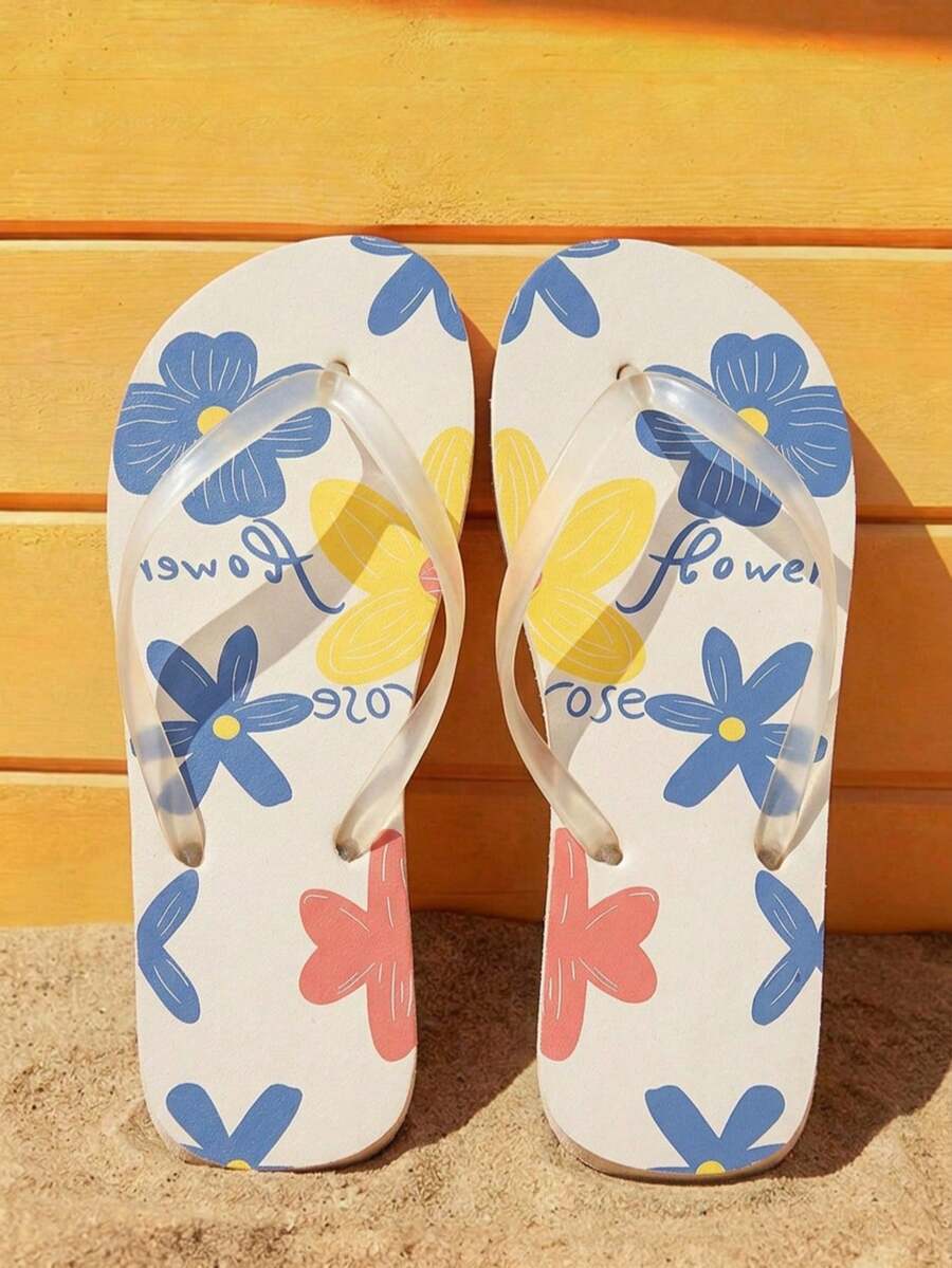 Grefit Women's Summer Casual Floral Print Flip Flops Beach Outfit Flip Flops - Beige - View 1