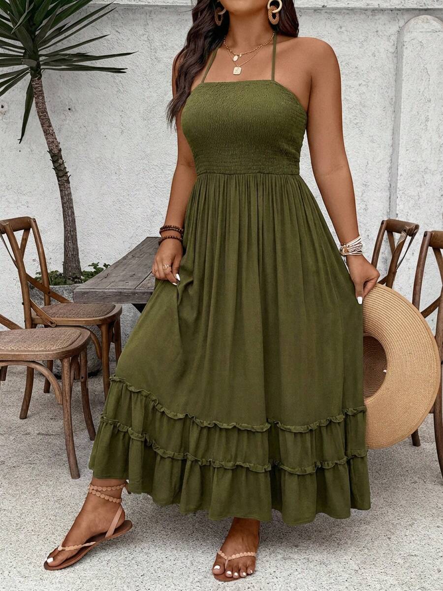 SHEIN VCAY Vestido casual de vacaciones con cuello halter sin espalda de unicolor para mujer de talla grande - Verde militar - Ver 1