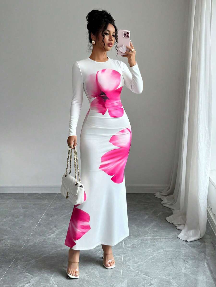 Elenzga Đầm dài tay cổ tròn, ôm dáng, in hoa, thanh lịch dành cho nữ, thích hợp cho mùa xuân/thu. - trắng - Xem 1