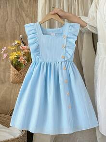 女童蓝色荷叶边方领梭织连衣裙 - 藍色 - 查看 1