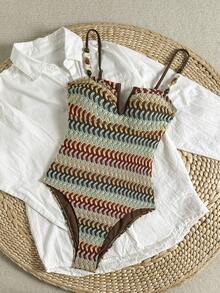 SHEIN Swim Vcay 女士沙滩装，纹理针织面料，撞色串珠装饰，V领，时尚休闲度假性感连体泳衣 - 彩色 - 查看 2
