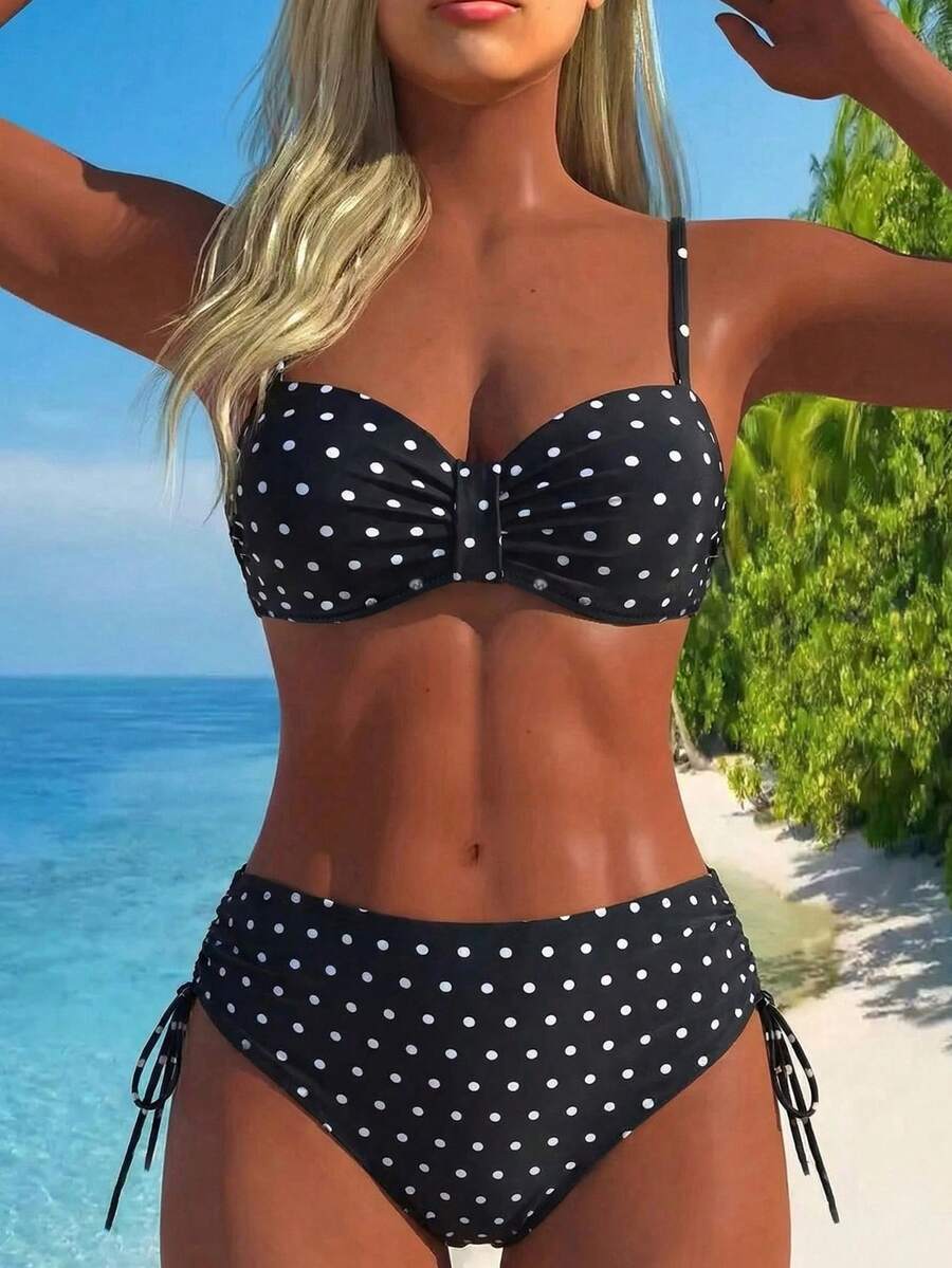 Swim Lushoire 女士随机印花带衬垫抹胸比基尼套装，搭配高腰泳裤，夏季 - 黑與白 - 查看 1