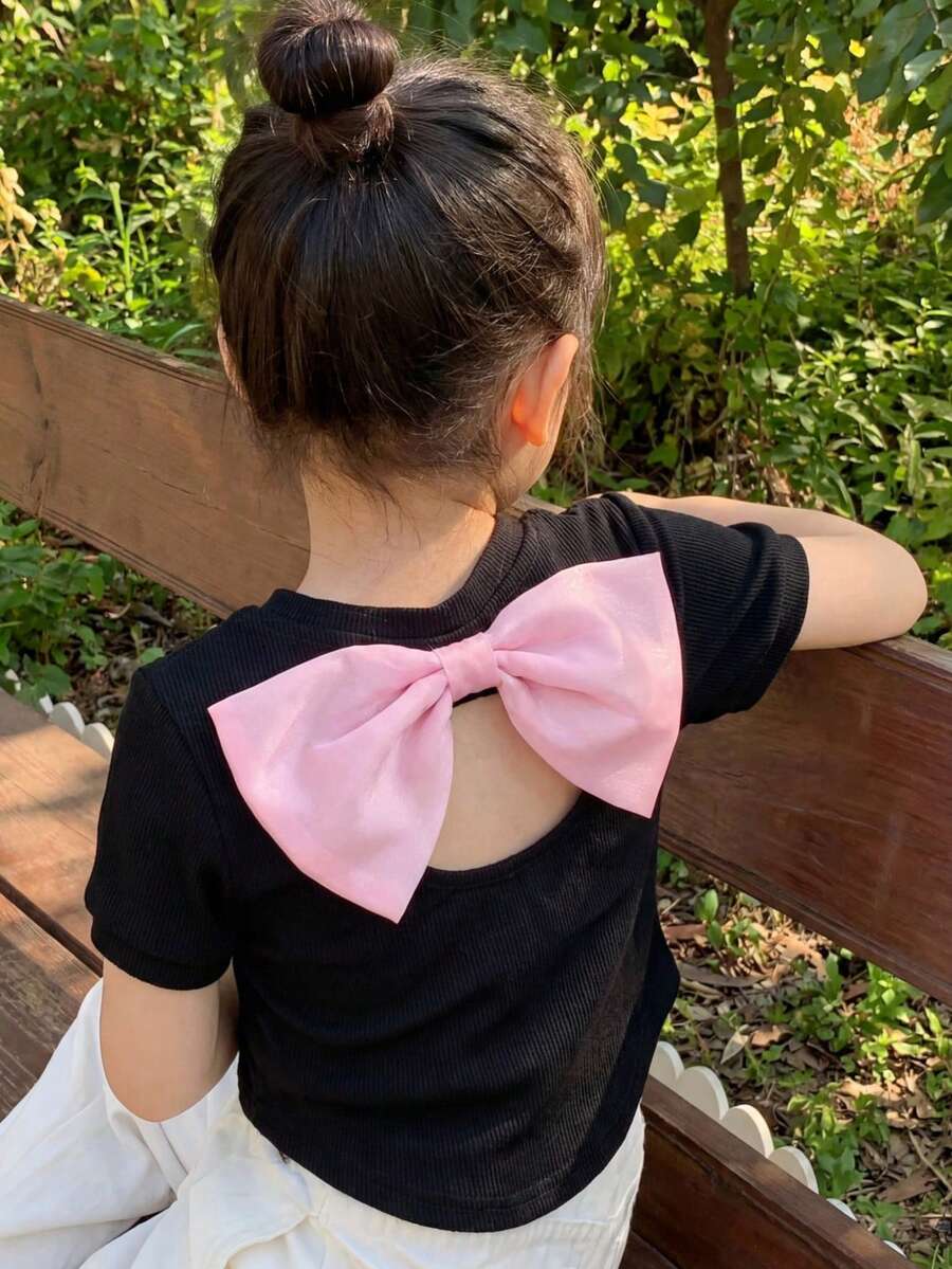 Emery Rose Kids Young Girls Solid Color Fitted Cropped Backless Organza Bow Decor Short Sleeve T-Shirt,Fashionable French Elegant Summer,Y2K Pink,First Birthday,Kids - Pink - View 1