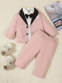 2 piezas Conjunto formal elegante para niño, chaqueta con cuello de contraste y bolsillo falso, y pantalones de cintura elástica, sin camisa, sin corbata de moño, adecuado para bebés de 6 meses a 3 años, atuendo formal para boda, actuación, fiesta, cumpleaños, Navidad, graduación - Rosa - Ver 3