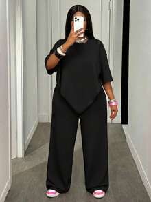 SHEIN CURVE+ Women's Plus Size 2 Pieces Black Lounge Sets,Summer Casual Loose T-Shirt & Wide Leg Pocket Pants,Textured Fabric Suit,Autumn Winter New Arrivals - Black - View 4