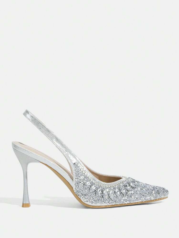 CUCCOO TILAWA Women Shoes Silver New Pointed Stiletto Back Lift Fashion Gorgeous Rhinestone Sexy Banquet Party Night Club Women's High Heel Shoes Slingback Shoes Women's Shoes