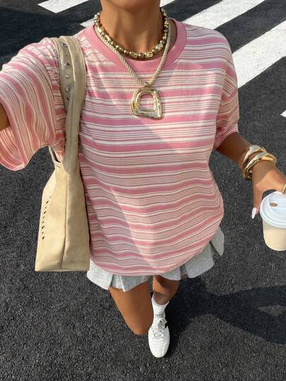 Muchica 女士粉色条纹宽松短袖T恤，夏季新款，适合度假、音乐节、返校、毕业典礼、假期、派对等场合。