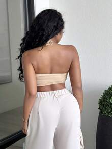 Alexandranx 流蘇領口婚禮季優雅女士背心上衣 - 卡其色 - 查看 2