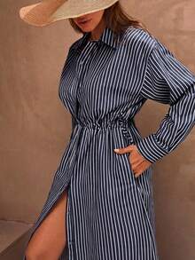 EURMUSE Casual Style Effortless, Linen Look Button Through And Drawstring Belt Detailed Maxi Shirt Dress - Navy Blue - View 4